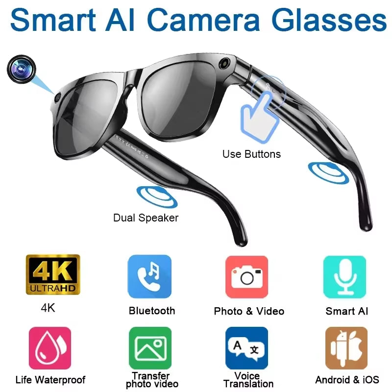 TECHNO-LOGIA 4K HD AI Smart Glasses Chat 260Mah Battery Voice Assistant Control GPT 100MP Camera Bluetooth Call Smart Glasses