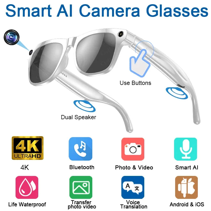 TECHNO-LOGIA 4K HD AI Smart Glasses Chat 260Mah Battery Voice Assistant Control GPT 100MP Camera Bluetooth Call Smart Glasses