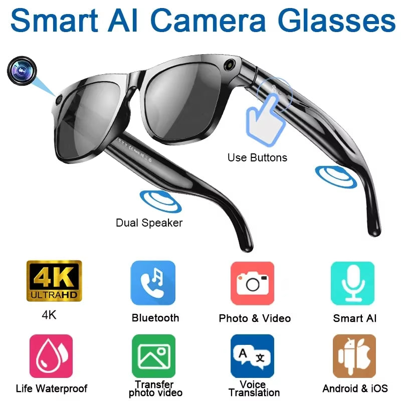 TECHNO-LOGIA 4K HD AI Smart Glasses Chat 260Mah Battery Voice Assistant Control GPT 100MP Camera Bluetooth Call Smart Glasses